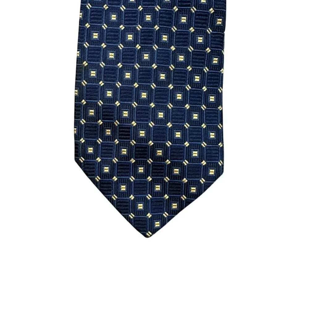 Altea Milano for Nordstrom Mens Silk Tie Navy Blue Gold Geometric Made in Italy